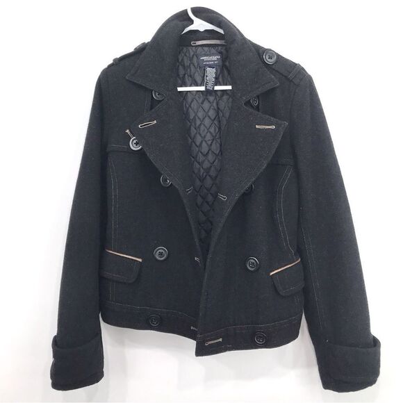 American Eagle Black Wool Blend Double Breasted Button Short Cut Pea Coat - Picture 6 of 16